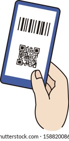 Hand holding smartphone with QR code and barcode