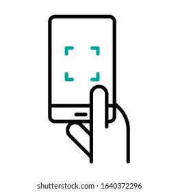 Hand holding smartphone with QR code scan. Simple design. Line vector. Isolate on white background.