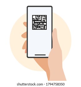 Hand holding smartphone with QR code scan concept.Vector illustration of hand holding smartphone with flat design series.