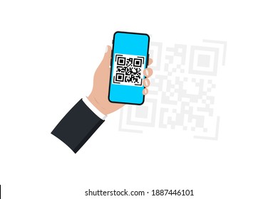 Mano con smartphone con escáner de código QR. Escáner de código QR. Escanear código qr, código de barras en teléfono móvil ю Concepto pago sin contacto , compras en línea , tecnología sin efectivo