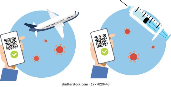 Hand Holding Smartphone With QR Code On Screen Vector. Concept Of Digital Sanitary Pass, Or European Green Pass, Of Vaccine Passport. Travelling Authorization. Certificate Of Immunity And Vaccination.