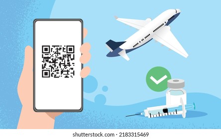 Hand holding smartphone with qr code on screen vector illustration. Airplane in background with syringe and vaccine against virus. Concept of digital vaccine pass passport, certificate of vaccination.