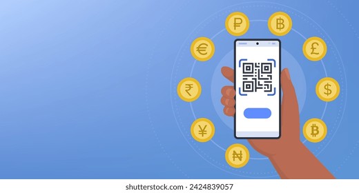 Hand holding a smartphone with QR code and international currencies: money transfer, currency exchange and payments, banner with copy space