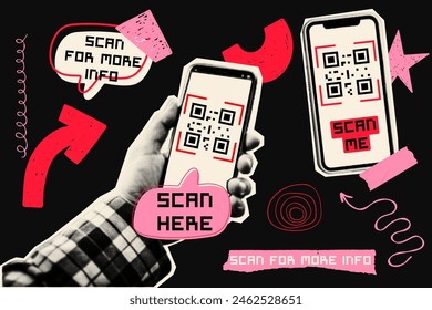 A hand holding smartphone with QR code on screen. Scribble, torn paper, fragments of text, arrow. Contemporary halftone. Modern cut out collage. Vintage mixed media design. Retro Y2K.