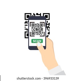 Hand holding a smartphone with QR-Code scan. Flat style vector icon.