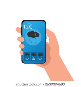 Hand holding smartphone rainy weather forecast on the phone screen with a weather forecast icon vector illustration.