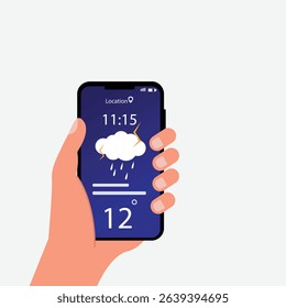 Hand holding smartphone rainy weather forecast on the phone screen with a weather forecast icon vector illustration.