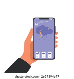 Hand holding smartphone rainy weather forecast on the phone screen with a weather forecast icon vector illustration.