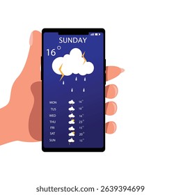 Hand holding smartphone rainy weather forecast on the phone screen with a weather forecast icon vector illustration.