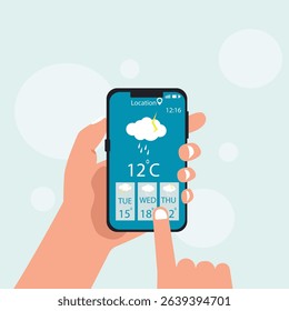 Hand holding smartphone rainy weather forecast on the phone screen with a weather forecast icon vector illustration.
