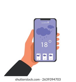 Hand holding smartphone rainy weather forecast on the phone screen with a weather forecast icon vector illustration.