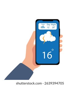 Hand holding smartphone rainy weather forecast on the phone screen with a weather forecast icon vector illustration.