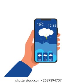 Hand holding smartphone rainy weather forecast on the phone screen with a weather forecast icon vector illustration.