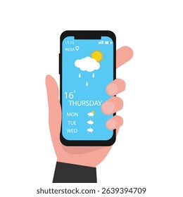 Hand holding smartphone rainy weather forecast on the phone screen with a weather forecast icon vector illustration.