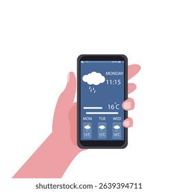 Hand holding smartphone rainy weather forecast on the phone screen with a weather forecast icon vector illustration.