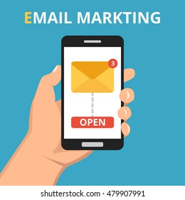 Hand holding smartphone with read email icon on the screen. Flat vector illustration.