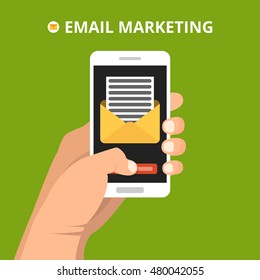 Hand holding smartphone with read email icon on the screen. Flat vector illustration.