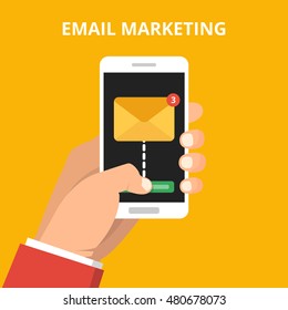 Hand holding smartphone with read email icon on the screen. Flat vector illustration.