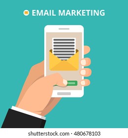 Hand holding smartphone with read email icon on the screen. Flat vector illustration.