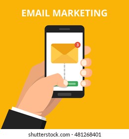 Hand holding smartphone with read email icon on the screen. Flat vector illustration.