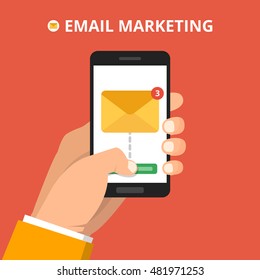 Hand holding smartphone with read email icon on the screen. Flat vector illustration.