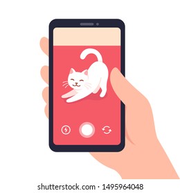 Hand holding smartphone recording cat video. Making live video for social media feed. Vector clip art illustration.