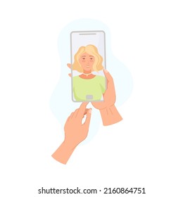Hand Holding Smartphone Recording Video with Camera Filming Picture of Young Female on Screen Vector Illustration