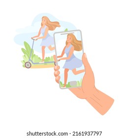 Hand Holding Smartphone Recording Video with Camera Filming Picture of Riding on Scooter Female on Screen Vector Illustration