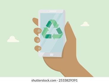 Hand holding smartphone with recycling symbol on the screen. Sustainable Mobile Phone Recycling Environmental. Recycling App on Smartphone. Eco-friendly technology and sustainability. Vector