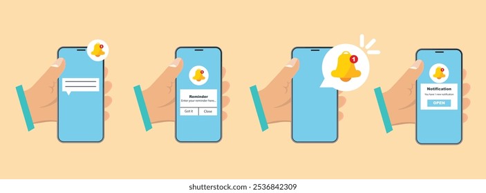 Hand holding smartphone with reminder message in a flat design