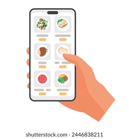 Mano que sostiene el teléfono inteligente con el menú del restaurante en el App móvil en la Ilustración vectorial de la pantalla