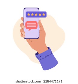 Mano con smartphone con revisión de 5 estrellas en pantalla. Concepto de encuesta de satisfacción de los consumidores en línea. Ilustración vectorial dibujada a mano aislada en el fondo de la luz. Estilo de caricatura plano.