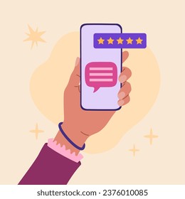 Hand holding smartphone with review 5 stars rating on screen. Online consumer feedback satisfaction survey concept. Hand drawn vector illustration isolated on light background, flat cartoon style.