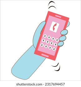 Hand holding a smartphone with a ringing tone, vector flat cartoon illustration.