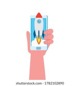 hand holding smartphone with rocket design, Start up plan idea strategy and marketing theme Vector illustration