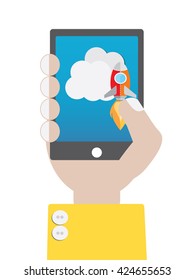  hand holding smartphone  with Rocket goes up in the sky and claud