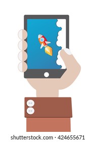  hand holding smartphone with Rocket goes up in the sky  