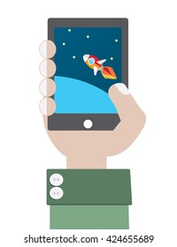  hand holding smartphone with Rocket goes up in the sky with stars 