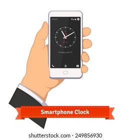 Hand holding smartphone with round clock widget on lock screen. Flat style illustration or icon. EPS 10 vector.