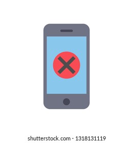 Hand holding smartphone with round red x mark icon on smartphone screen. Modern flat design graphic elements for web banners, web sites, infographics. Long shadow design. 