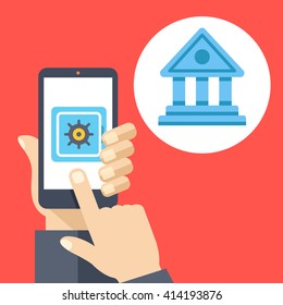 Hand holding smartphone with safe on screen and bank icon. Flat illustration. Deposit, mobile banking, online money management. Modern graphic design vector illustration isolated on red background