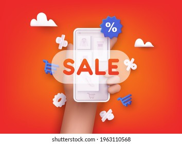 Hand holding smartphone with sale sign. Online shopping concept. 3D Web Vector Illustrations. 