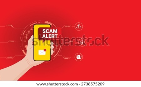 Hand holding smartphone with scam alert message and notification symbol, representing online fraud detection and digital protection concept.