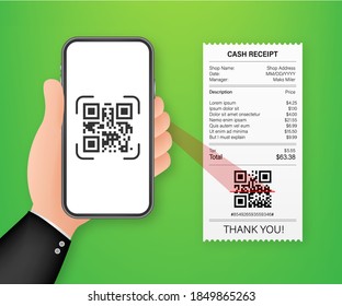 Hand Holding Smartphone To Scan Qr Code On Paper For Detail. Vector Stock Illustration.