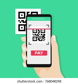 Hand holding smartphone to scan QR code on paper for detail, technology and business concept. vector