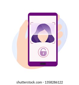 Hand holding smartphone with scanning app on screen.  Flat modern trendy style.Vector illustration character icon. Isolated of white background. Face recognition technology concept.