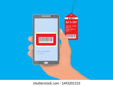 Hand holding smartphone scanning barcode on price tag, technology merchandise concept vector illustration 