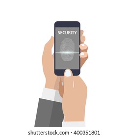 Hand holding smartphone with scanning fingerprint on the screen. Flat style vector illustration