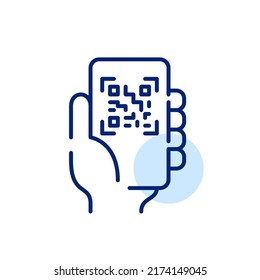Hand Holding A Smartphone Scanning Qr Code. Pixel Perfect, Editable Stroke Line Art Icon