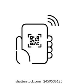 Mano sosteniendo el escaneo del smartphone código qr con el símbolo wi-fi. Acceso a redes y conectividad perfecta. Icono Vector